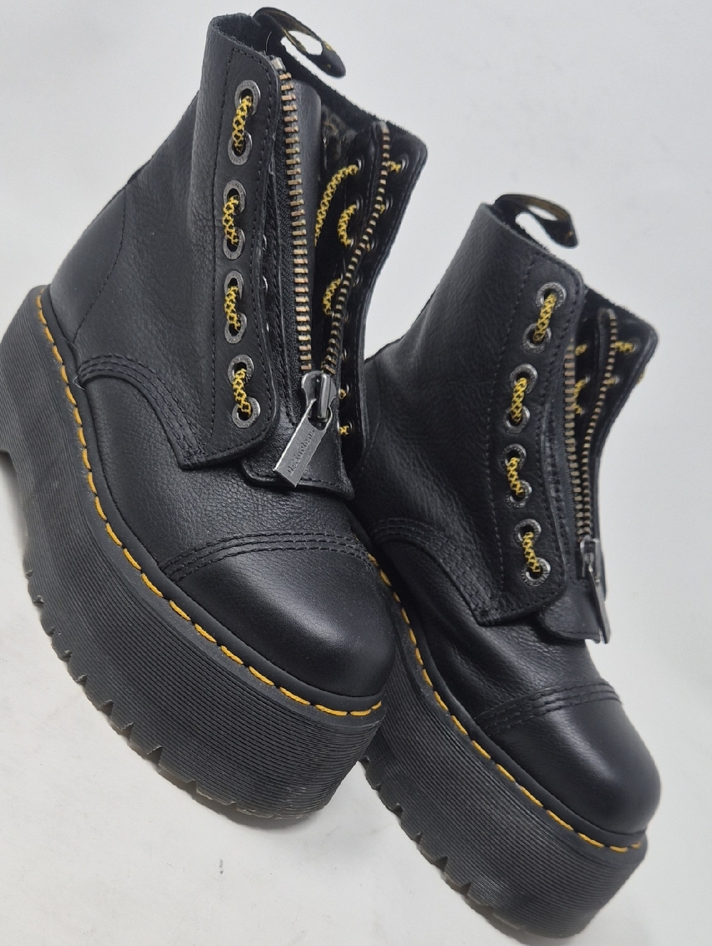 Dr. Martens Black Platform Zip-Up Boots with Yellow Stitching